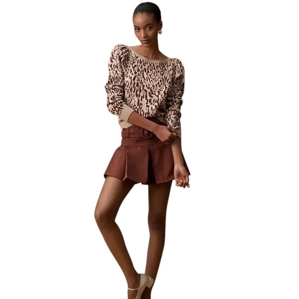 Anthropologie Maeve Tan Leopard Puff Sleeve Pullover Sweater - Picture 2 of 10